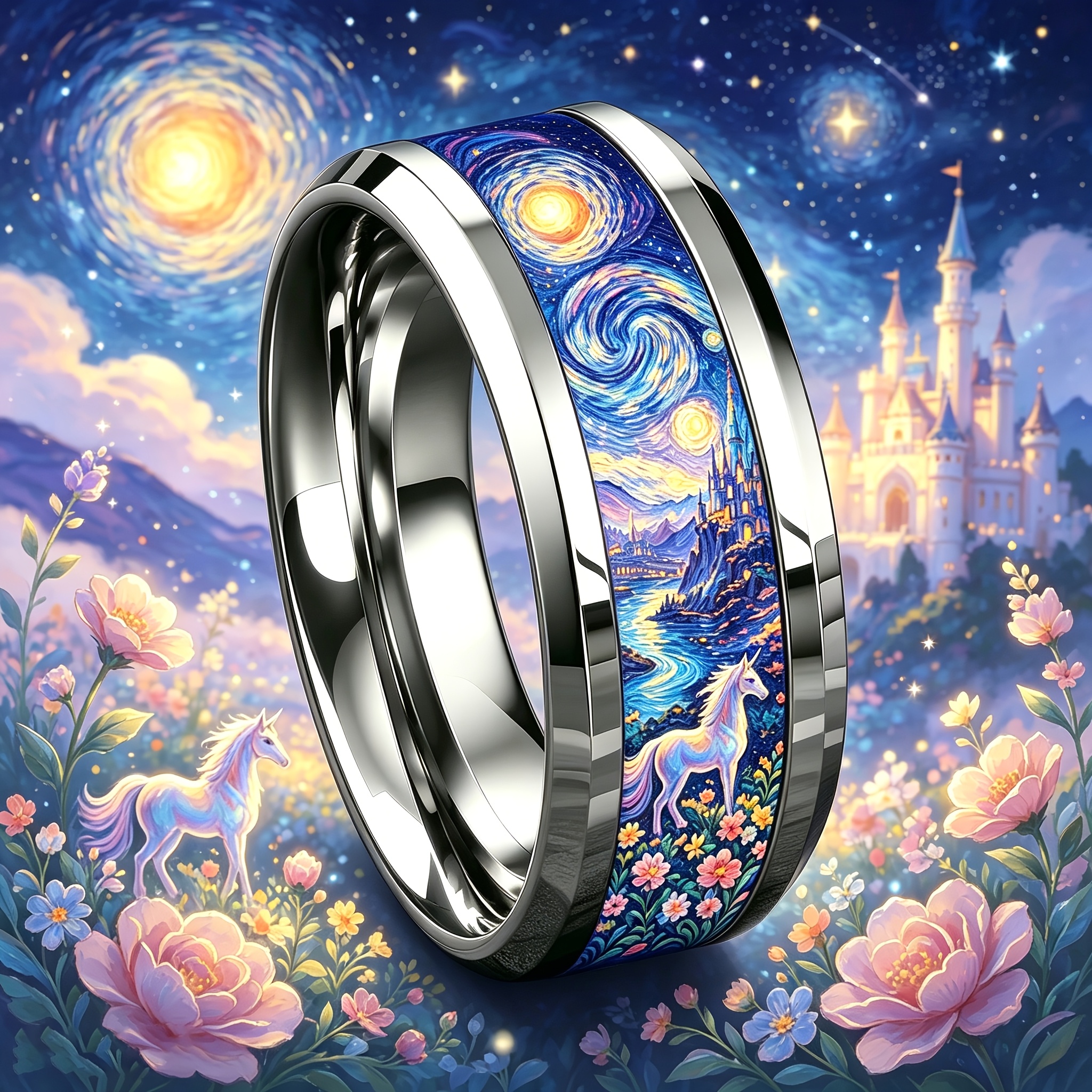Starry Night Fairy Tale Castle Unicorn Ring, 304L Stainless Steel